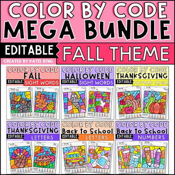 Preview of Color by Code Fall Bundle Sight Words, Letters and Number Recognition Worksheets