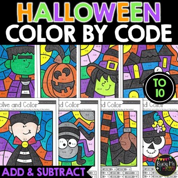 Preview of Halloween Color by Code Math Activities Addition Subtraction to 10 | 16 PICTURES