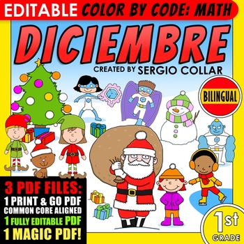 Preview of Color by Code: Math – DICIEMBRE – 1st Grade – BILINGUAL+EDITABLE