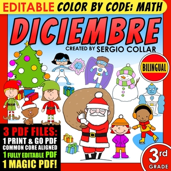 Preview of Color by Code: Math – DICIEMBRE – 3rd Grade – BILINGUAL+EDITABLE