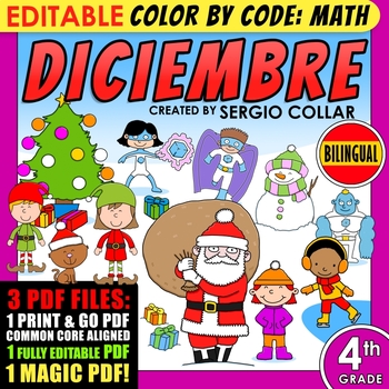 Preview of Color by Code: Math – DICIEMBRE – 4th Grade – BILINGUAL+EDITABLE