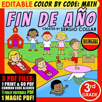 Preview of Color by Code: Math – FIN DE AÑO – 3rd Grade – BILINGUAL+EDITABLE