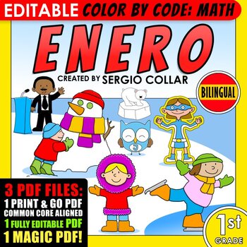 Preview of Color by Code: Math – ENERO – 1st Grade – BILINGUAL+EDITABLE