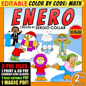Preview of Color by Code: Math – ENERO – 2nd Grade – BILINGUAL+EDITABLE