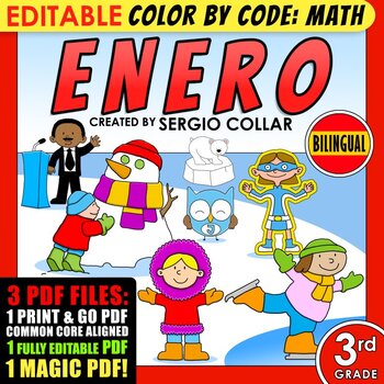 Preview of Color by Code: Math – ENERO – 3rd Grade – BILINGUAL+EDITABLE