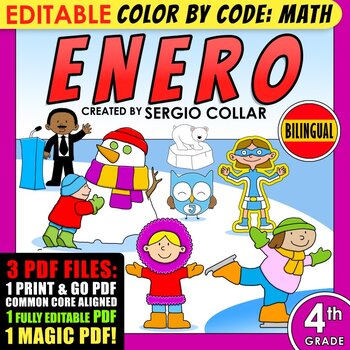 Preview of Color by Code: Math – ENERO – 4th Grade – BILINGUAL+EDITABLE