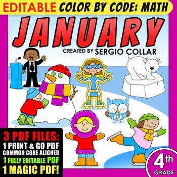 Preview of Color by Code: Math – JANUARY – 4th Grade – EDITABLE – Common Core Aligned