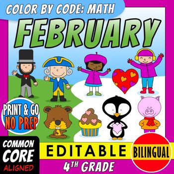 Preview of Color by Code: Math – FEBRUARY – 4th Grade – BILINGUAL+EDITABLE