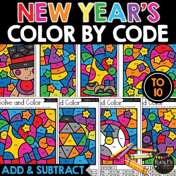 Preview of Color by Code New Year's 2024 Activities Addition and Subtraction to 10