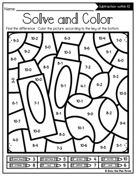 Color by Code SCHOOL SUPPLIES Addition and Subtraction to 10 Back to School