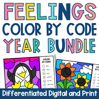 Preview of Naming Feelings Color by Code SEL Counseling Year Long Digital and Print BUNDLE