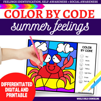 Preview of Color by Code SUMMER BEACH CRAB Feelings Identification Digital and Printable