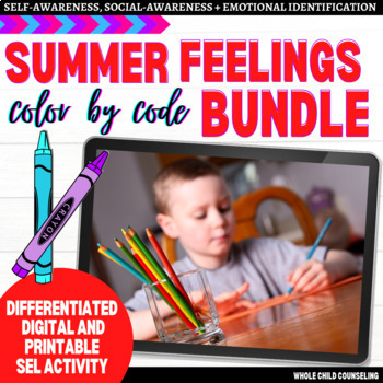 Preview of SUMMER Emotions Color by Code Digital and Printable SEL Counseling BUNDLE