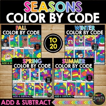 Preview of Color by Code Seasons BUNDLE | Addition and Subtraction to 20 | Summer | Spring