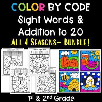 Preview of Color by Number Addition & Sight Words All Seasons Bundle