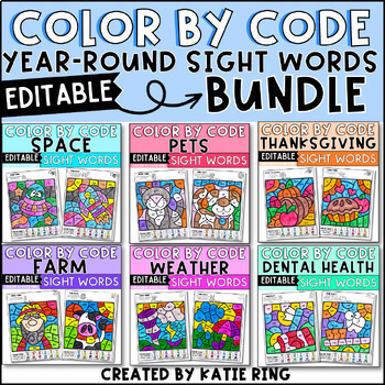 Preview of Color by Code Sight Word Practice Year-Round Editable Activities Bundle