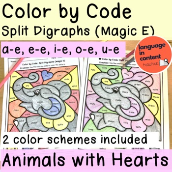 Preview of Silent E Magic E Phonics Color by Code in an Animals with Hearts Theme