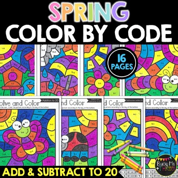 Preview of Spring Coloring Pages Addition and Subtraction to 20 Color by Code | 16 Pages
