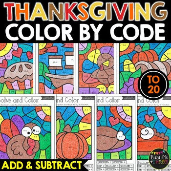 Preview of Thanksgiving Coloring Pages Addition and Subtraction to 20 Math Activity Pumpkin