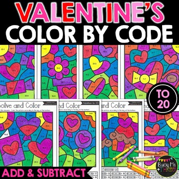 Preview of Color by Code Valentine's Day Math Addition and Subtraction to 20 | 16 Pictures