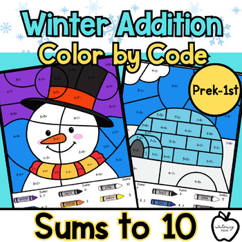 Preview of Winter Color by Addition Sums to 10 Kindergarten, Printable, Worksheet
