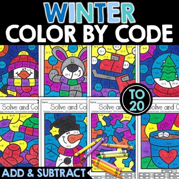 Preview of Color by Code Winter Math Activities Addition and Subtraction to 20 | 16 Pages