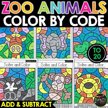 Preview of Color by Code ZOO ANIMALS Color by Number Addition Subtraction to 20