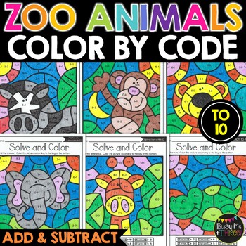 Preview of Color by Code ZOO ANIMALS Color by Number Math Addition and Subtraction to 10