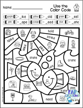 Color By Code For Phonics-blends, Digraphs, Short And Long Vowels