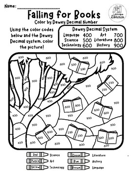 Preview of Color by Dewey Decimal Number - Falling for Books - Color Worksheet Library
