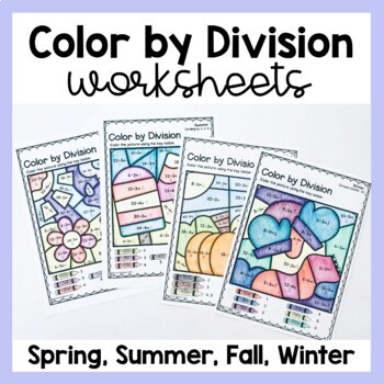 color by division math worksheets bundle for spring summer fall and winter