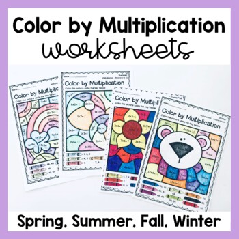 color by multiplication math worksheets bundle for spring summer fall winter