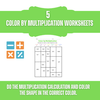 Preview of Color by Multiplication Worksheets | 5 Printable Color by Number Math Worksheets