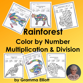 Preview of Color by Multiplication and Division Facts Rainforest Theme for Home and School