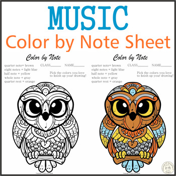 Preview of Music Color by Note Sheet | Owl Mandala Style | Music Coloring Sub Plan