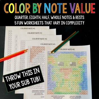 Preview of Color by Note Value: basic rhythms & rests | 5 fun worksheets for music class