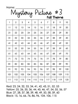 Color by Number 120 Chart (5 Mystery Pictures) Fall Theme by Mrs Landa