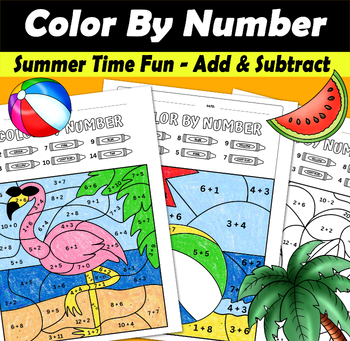 Preview of Color by Number: Addition & Subtraction Summer Themed PDF