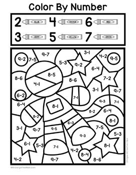 Color by Number Addition and Subtraction - Math worksheet Back to School