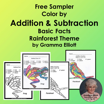 Preview of Color by Number Addition and Subtraction Rainforest Theme No Prep FREE SAMPLE