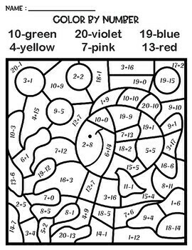 Color by Number Addition and Subtraction within 20 Ocean Theme Worksheets