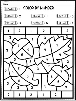 Fall Coloring Pages, Color by Number, Numbers 1-10 Recognition