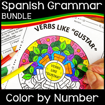 Preview of Spanish Color by Number Worksheets - Grammar Activities - Sub Plan - Los Colores