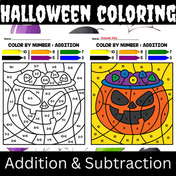 Color by Number - Halloween Addition and Subtraction No-Prep Worksheets