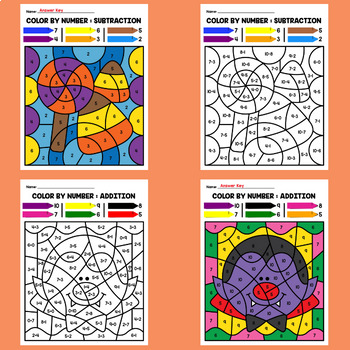 Color by Number - Halloween Addition and Subtraction No-Prep Worksheets