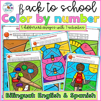 Preview of Color by Number Math Review Bilingual English Spanish Back to School