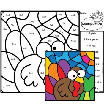 Color by Number Multiplication Thanksgiving Bundle by Primary Piglets