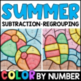 Color by Number - Summer Subtraction with Regrouping Math 