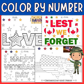 Preview of Color by Number Veterans Day, Memorial & Remembrance - Patriotic Activities kids