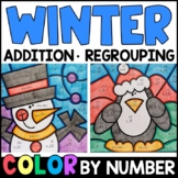 Color by Number - Winter Addition with Regrouping Math Practice
